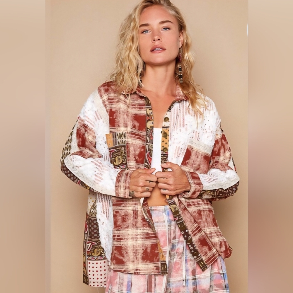 Women's Rust & White Patchwork Button-Front Jacket